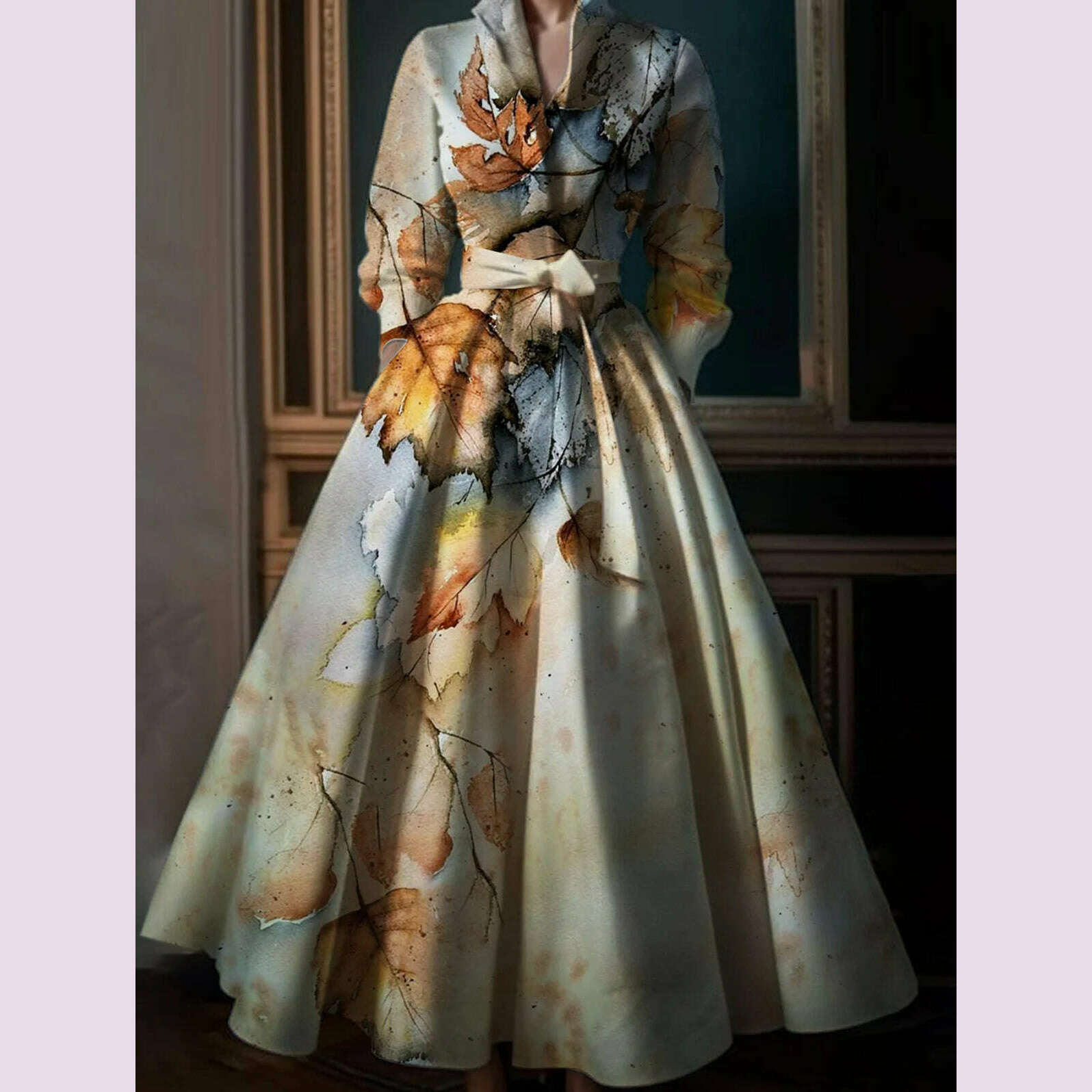 Elegant Leaf Pattern Maxi Dresses Multicolor Stand Collar Long Sleeve Long Dress Party Wedding Evening A-Line Dress Vestido