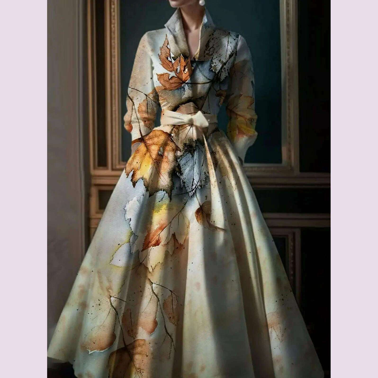Elegant Leaf Pattern Maxi Dresses Multicolor Stand Collar Long Sleeve Long Dress Party Wedding Evening A-Line Dress Vestido