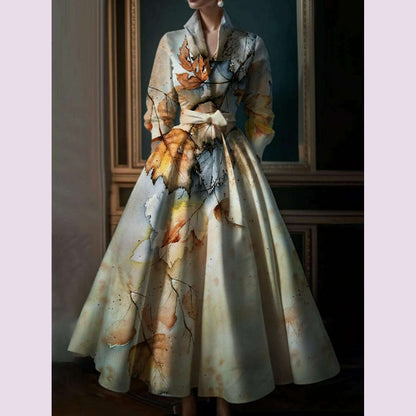 Elegant Leaf Pattern Maxi Dresses Multicolor Stand Collar Long Sleeve Long Dress Party Wedding Evening A-Line Dress Vestido