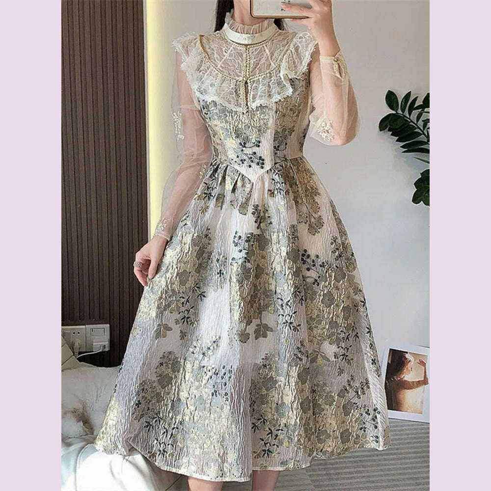 Elegant Luxury Mesh Flower Embroidery Patchwork Jacquard Dress Women Stand Collar Shawl Ruffles Floral Evening Party Vestidos