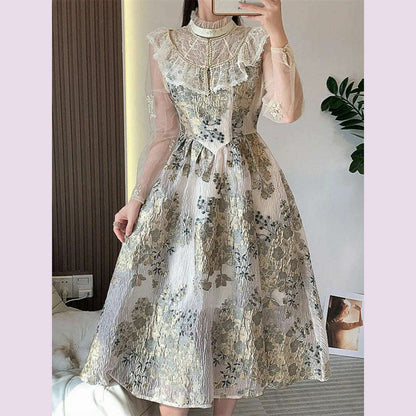 Elegant Luxury Mesh Flower Embroidery Patchwork Jacquard Dress Women Stand Collar Shawl Ruffles Floral Evening Party Vestidos