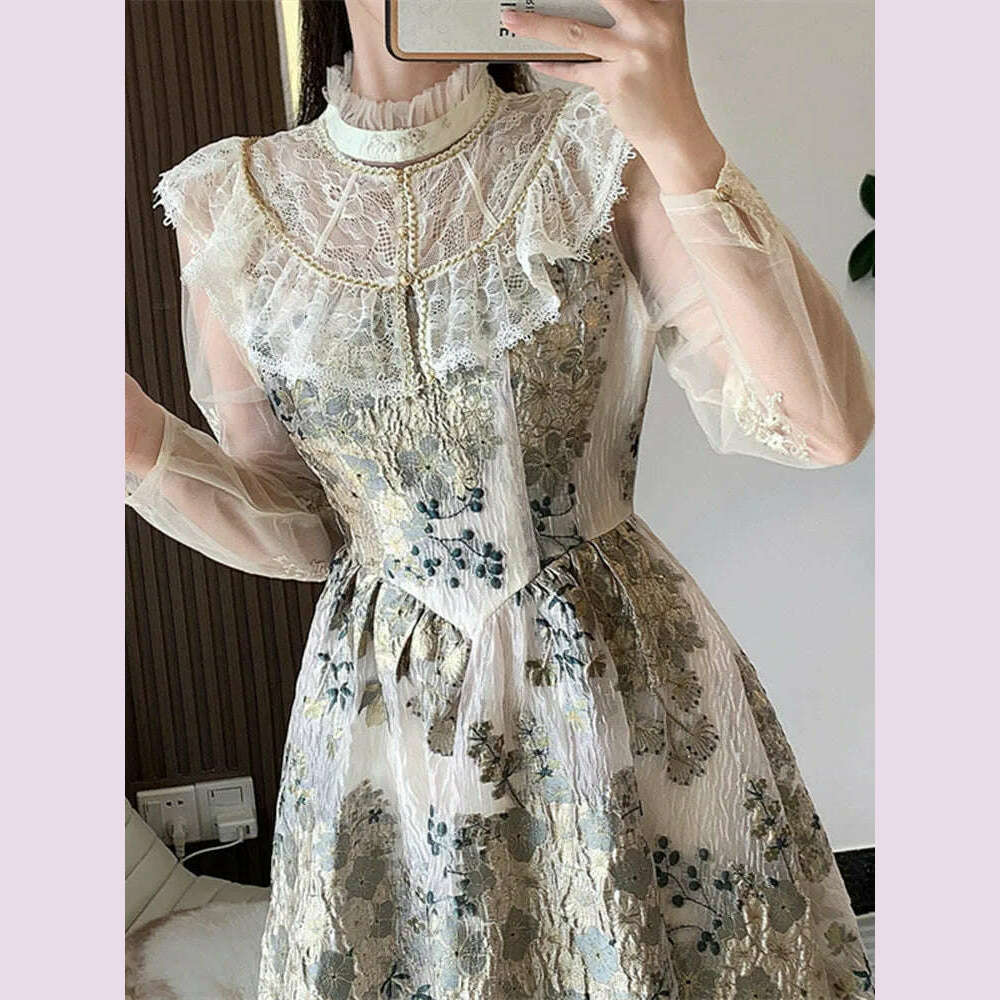 Elegant Luxury Mesh Flower Embroidery Patchwork Jacquard Dress Women Stand Collar Shawl Ruffles Floral Evening Party Vestidos