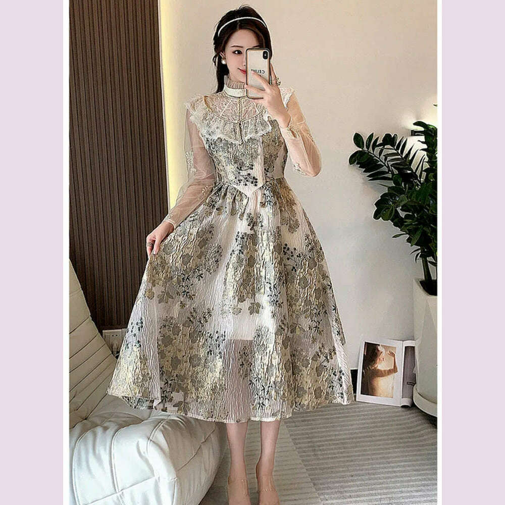 Elegant Luxury Mesh Flower Embroidery Patchwork Jacquard Dress Women Stand Collar Shawl Ruffles Floral Evening Party Vestidos