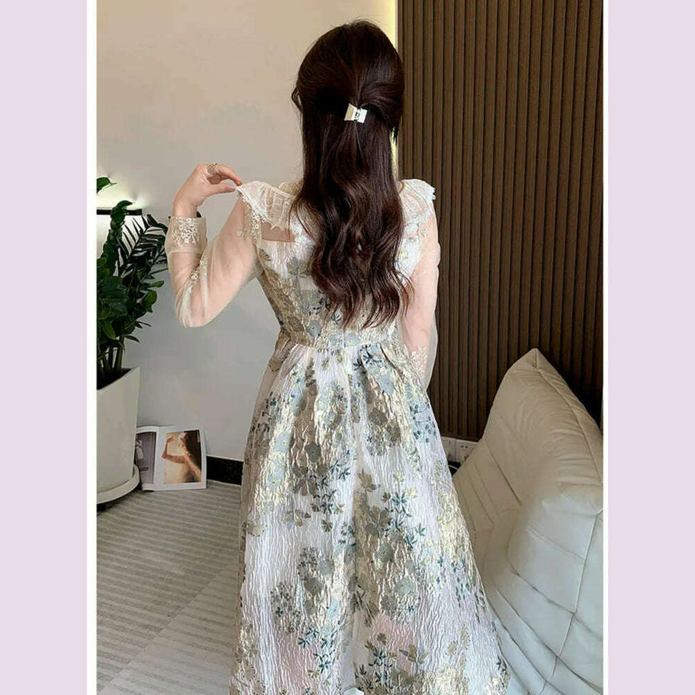 Elegant Luxury Mesh Flower Embroidery Patchwork Jacquard Dress Women Stand Collar Shawl Ruffles Floral Evening Party Vestidos