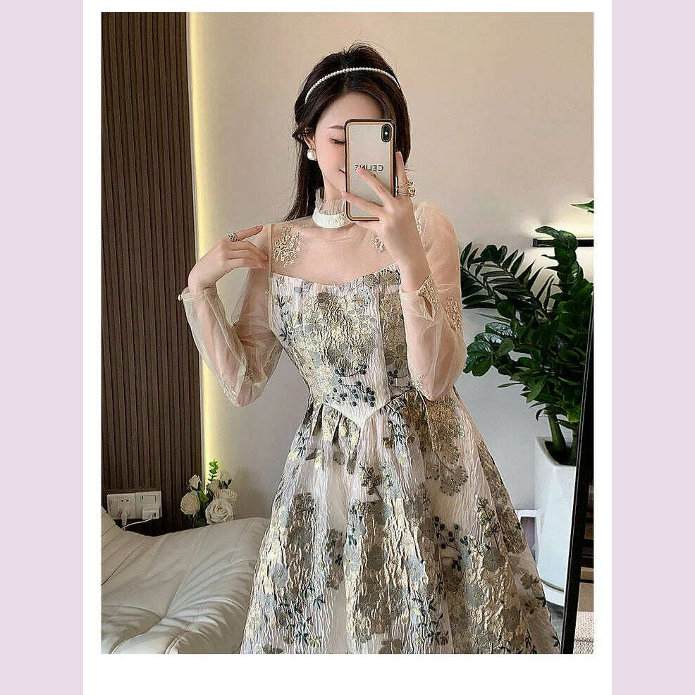 Elegant Luxury Mesh Flower Embroidery Patchwork Jacquard Dress Women Stand Collar Shawl Ruffles Floral Evening Party Vestidos