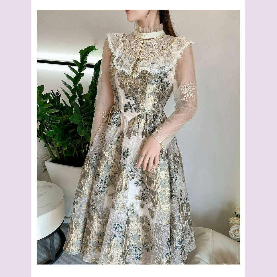 Elegant Luxury Mesh Flower Embroidery Patchwork Jacquard Dress Women Stand Collar Shawl Ruffles Floral Evening Party Vestidos