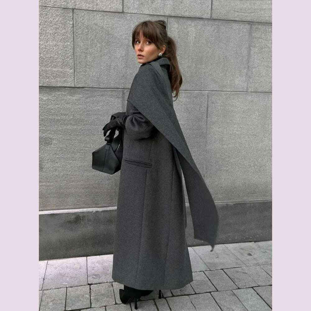 Elegant Vintage Woolen Overcoat For Women Single Breasted Scarf Loose Jacket Pocket Casual Coat 2024 Autumn New Lady Outerwear