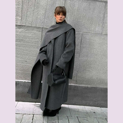 Elegant Vintage Woolen Overcoat For Women Single Breasted Scarf Loose Jacket Pocket Casual Coat 2024 Autumn New Lady Outerwear