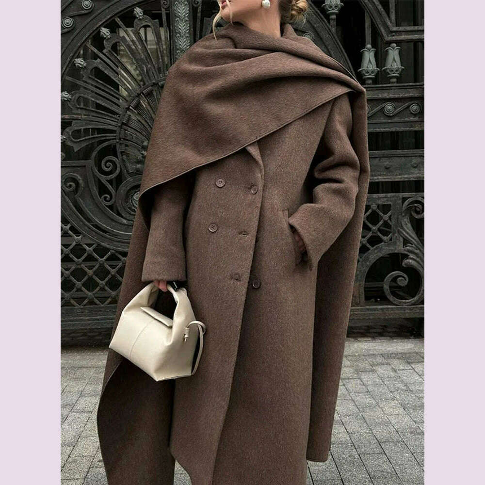 Elegant Vintage Woolen Overcoat For Women Single Breasted Scarf Loose Jacket Pocket Casual Coat 2024 Autumn New Lady Outerwear
