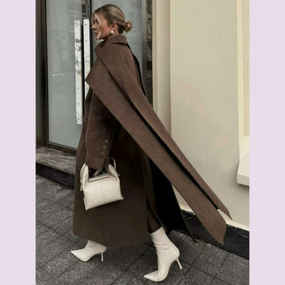 Elegant Vintage Woolen Overcoat For Women Single Breasted Scarf Loose Jacket Pocket Casual Coat 2024 Autumn New Lady Outerwear