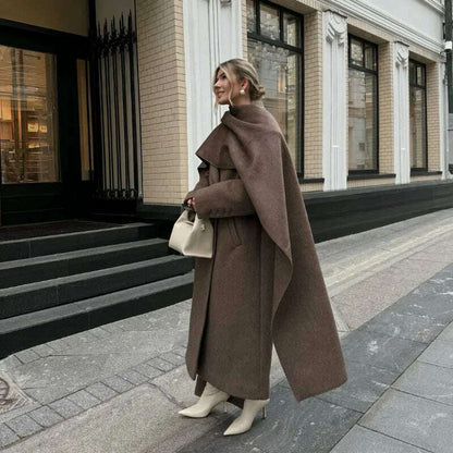 Elegant Vintage Woolen Overcoat For Women Single Breasted Scarf Loose Jacket Pocket Casual Coat 2024 Autumn New Lady Outerwear