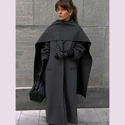Elegant Vintage Woolen Overcoat For Women Single Breasted Scarf Loose Jacket Pocket Casual Coat 2024 Autumn New Lady Outerwear