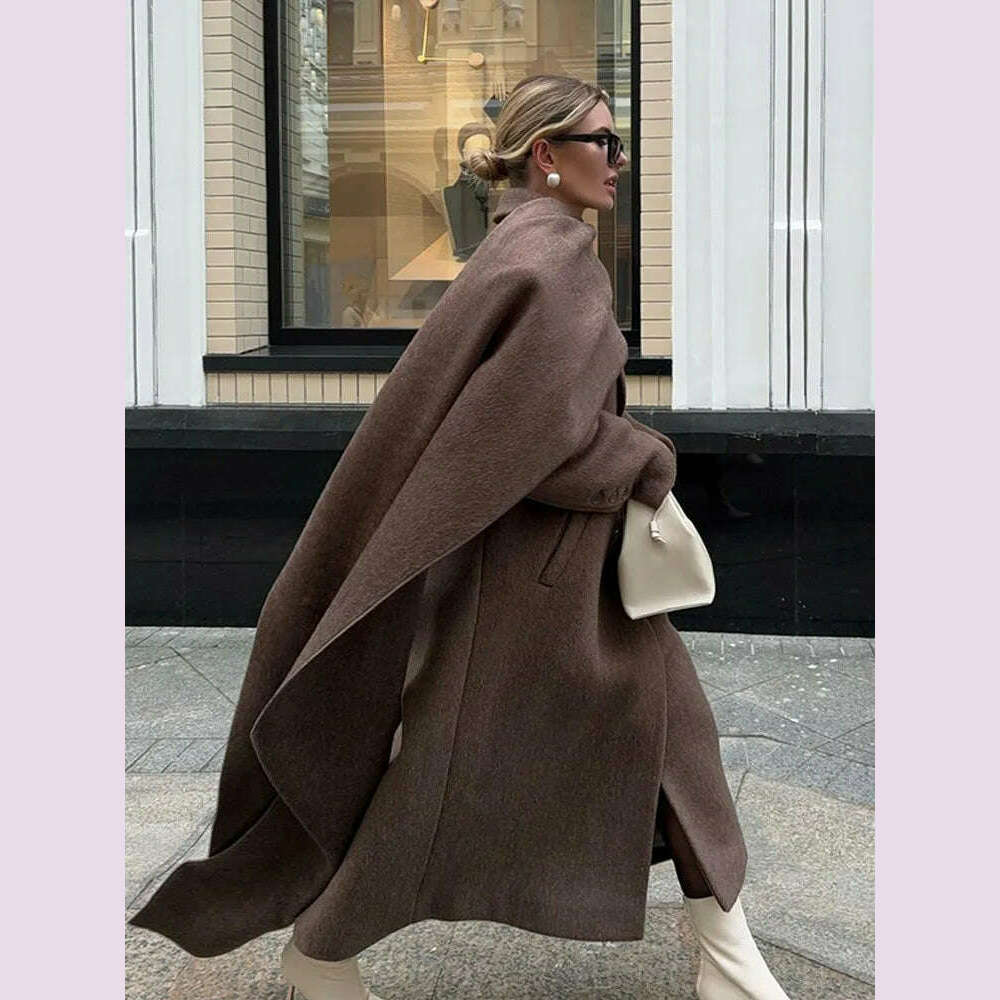Elegant Vintage Woolen Overcoat For Women Single Breasted Scarf Loose Jacket Pocket Casual Coat 2024 Autumn New Lady Outerwear