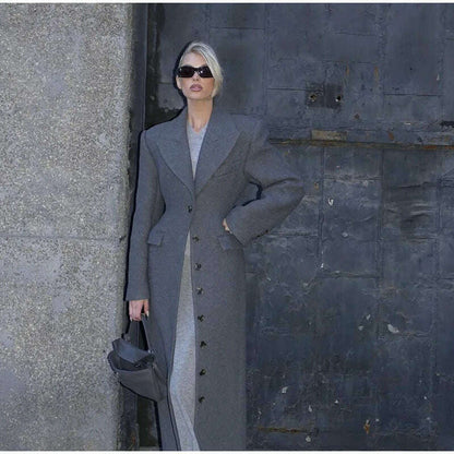 Elegant Waist Up Single Breasted Wool Blends Overcoat Women Fashion Lapel Slim Fits Long Coats Winter New Commute Lady Outwear