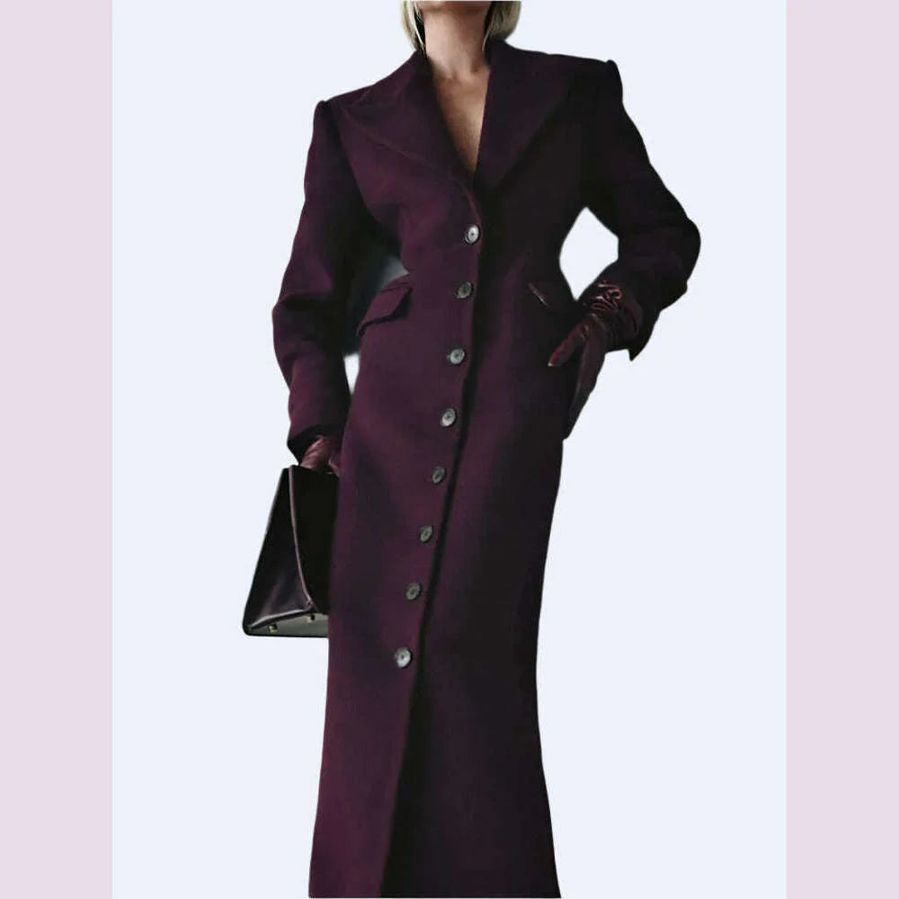 Elegant Wine Red Waist Up Wool Blend Long Jacket Women Chic Lapel Collar Single Breast Overcoat 2025 Autumn Lady High Streetwear