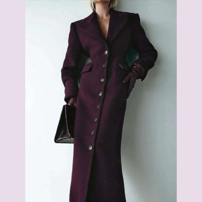 Elegant Wine Red Waist Up Wool Blend Long Jacket Women Chic Lapel Collar Single Breast Overcoat 2025 Autumn Lady High Streetwear