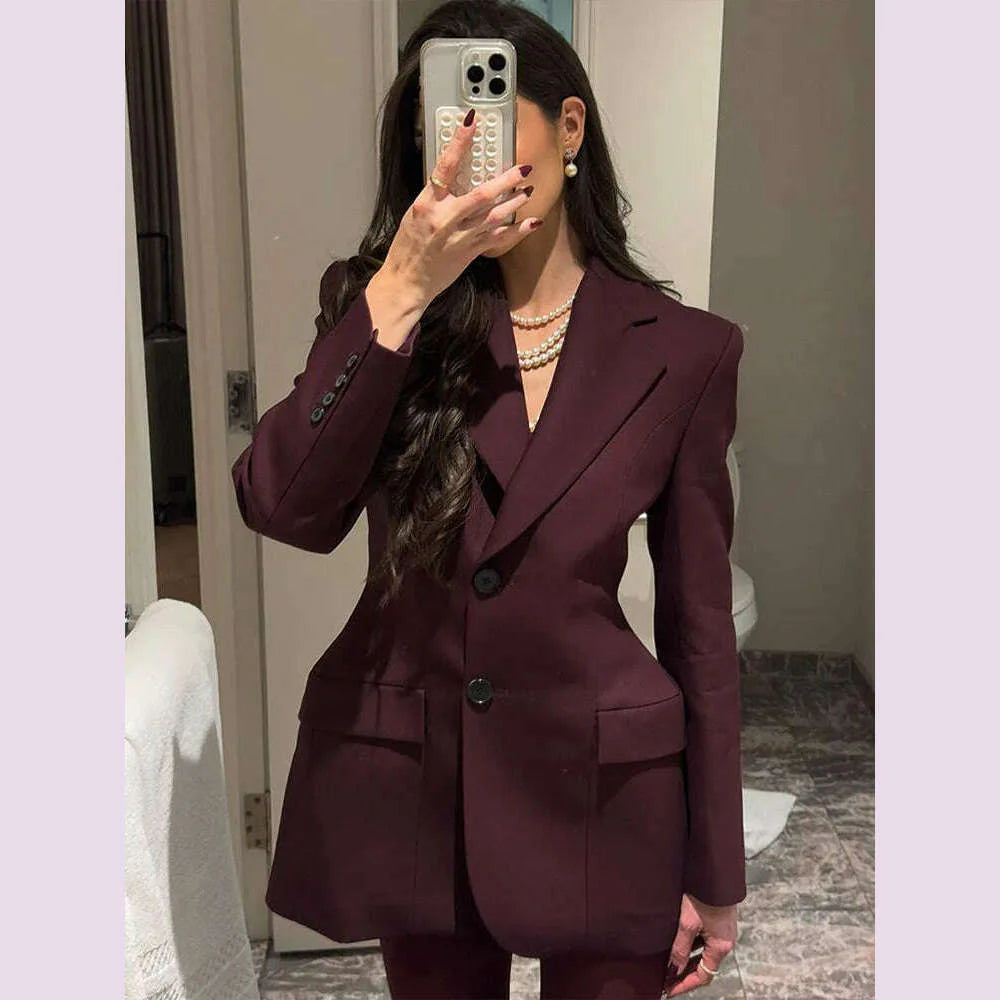 Elegant Wine Red Waist Up Wool Blend Long Jacket Women Chic Lapel Collar Single Breast Overcoat 2025 Autumn Lady High Streetwear