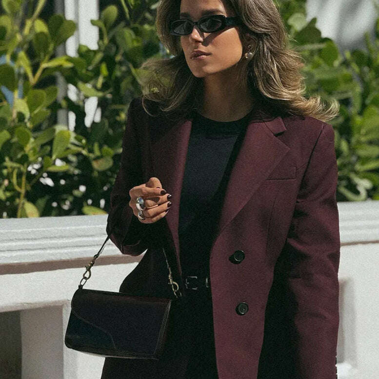 Elegant Wine Red Waist Up Wool Blend Long Jacket Women Chic Lapel Collar Single Breast Overcoat 2025 Autumn Lady High Streetwear