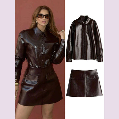 Elegant Women Leather Jacket Skirt Suit Turn Down Collar Single Breasted Female Coat High Waist Mini Skirts Lady Two Piece Sets