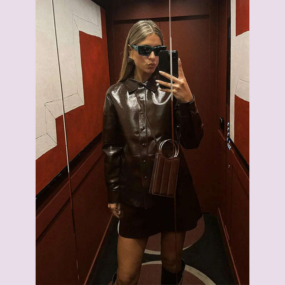 Elegant Women Leather Jacket Skirt Suit Turn Down Collar Single Breasted Female Coat High Waist Mini Skirts Lady Two Piece Sets