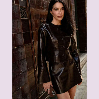 Elegant Women Leather Jacket Skirt Suit Turn Down Collar Single Breasted Female Coat High Waist Mini Skirts Lady Two Piece Sets