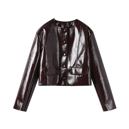 Elegant Women Leather Jacket Skirt Suit Turn Down Collar Single Breasted Female Coat High Waist Mini Skirts Lady Two Piece Sets