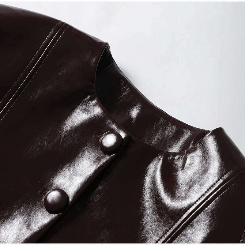 Elegant Women Leather Jacket Skirt Suit Turn Down Collar Single Breasted Female Coat High Waist Mini Skirts Lady Two Piece Sets