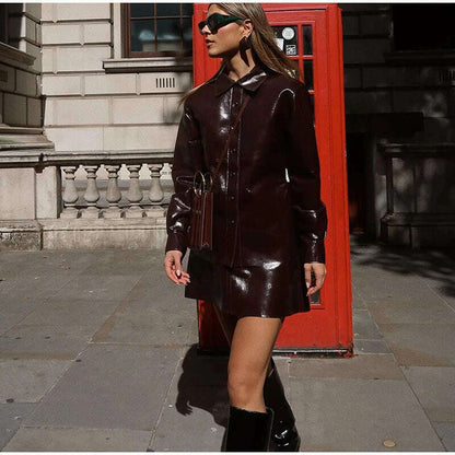 Elegant Women Leather Jacket Skirt Suit Turn Down Collar Single Breasted Female Coat High Waist Mini Skirts Lady Two Piece Sets