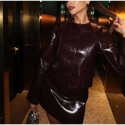 Elegant Women Leather Jacket Skirt Suit Turn Down Collar Single Breasted Female Coat High Waist Mini Skirts Lady Two Piece Sets