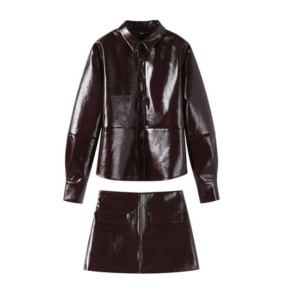Elegant Women Leather Jacket Skirt Suit Turn Down Collar Single Breasted Female Coat High Waist Mini Skirts Lady Two Piece Sets