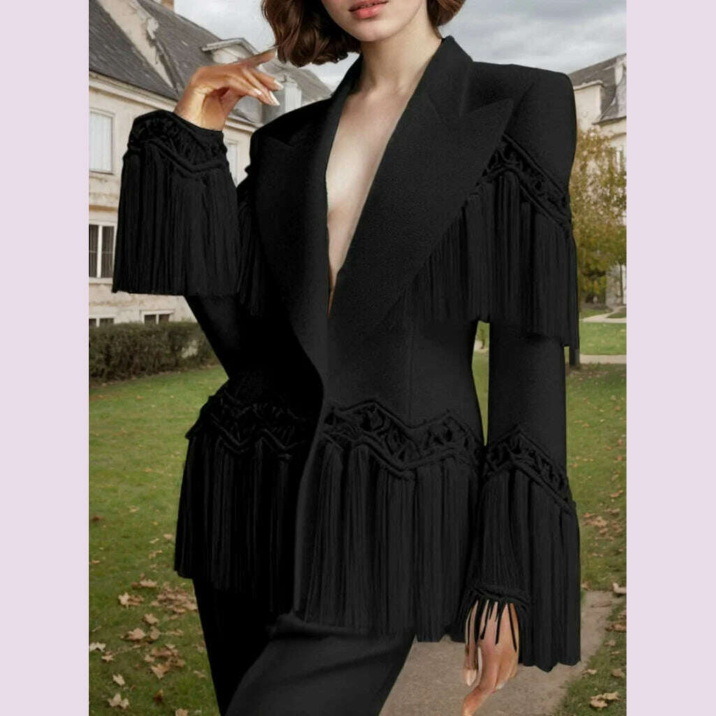 Elegant Women Tassels Blazer Tailored Coat Peaked Lapel Hollow Out Chic Ethnic Casual Vintage Single Button Jacket Outerwear