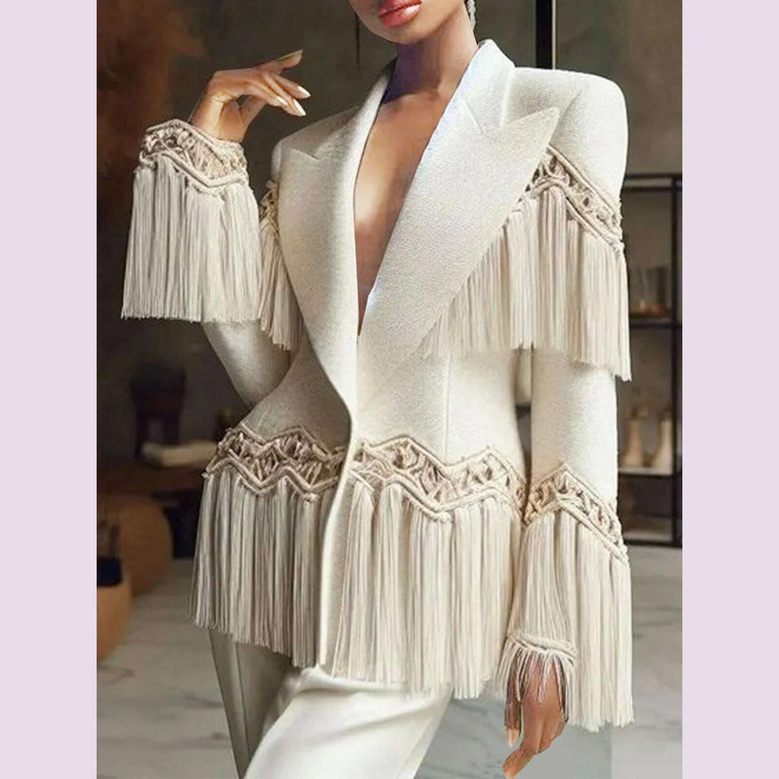 Elegant Women Tassels Blazer Tailored Coat Peaked Lapel Hollow Out Chic Ethnic Casual Vintage Single Button Jacket Outerwear