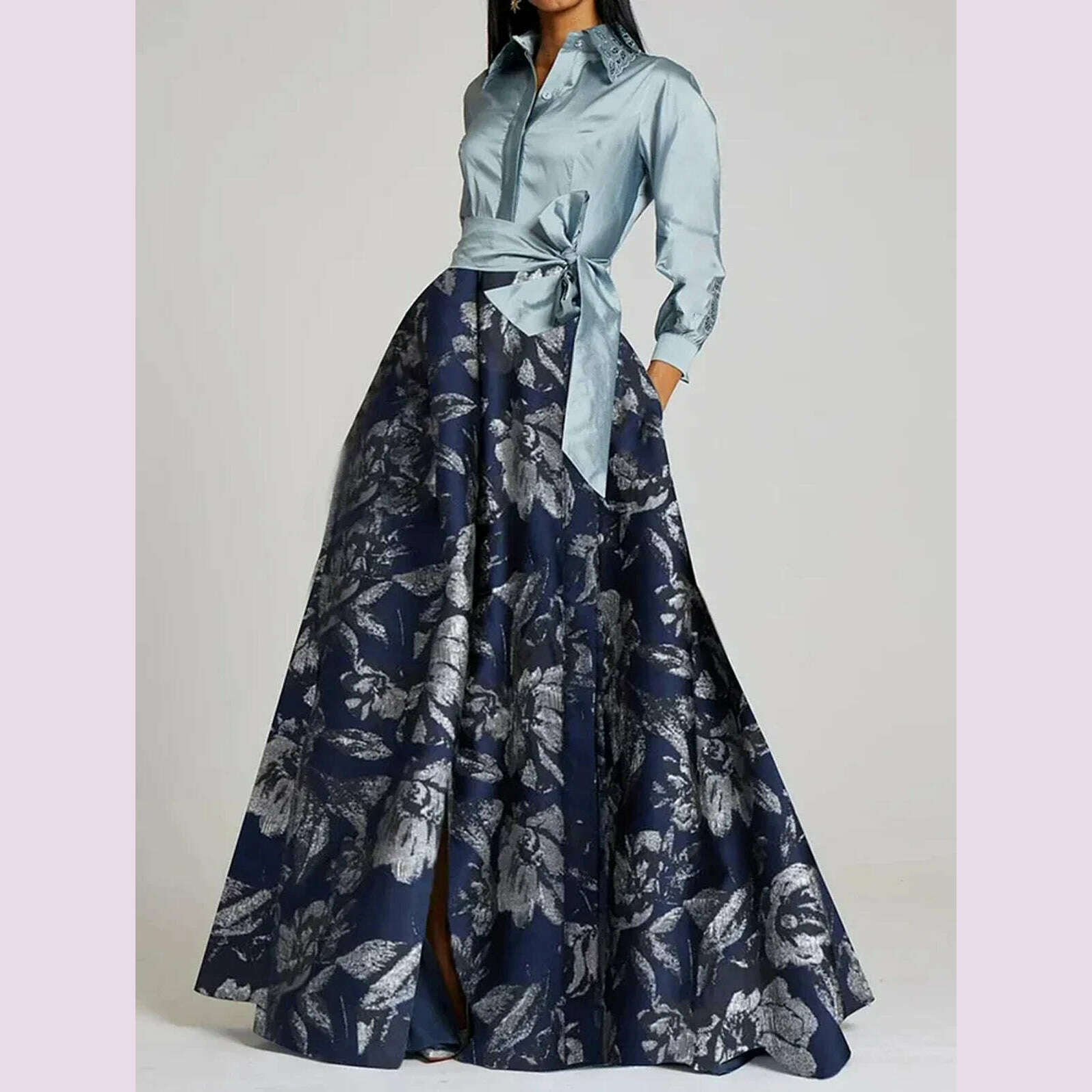 Elegant Women's Long Dress Turn Down Collar Vintage Floral Print with Belt Long Sleeve Bow Autumn Satin Patchwork Dresses 2024