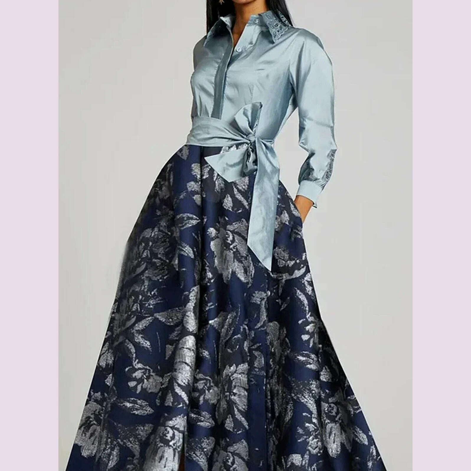 Elegant Women's Long Dress Turn Down Collar Vintage Floral Print with Belt Long Sleeve Bow Autumn Satin Patchwork Dresses 2024