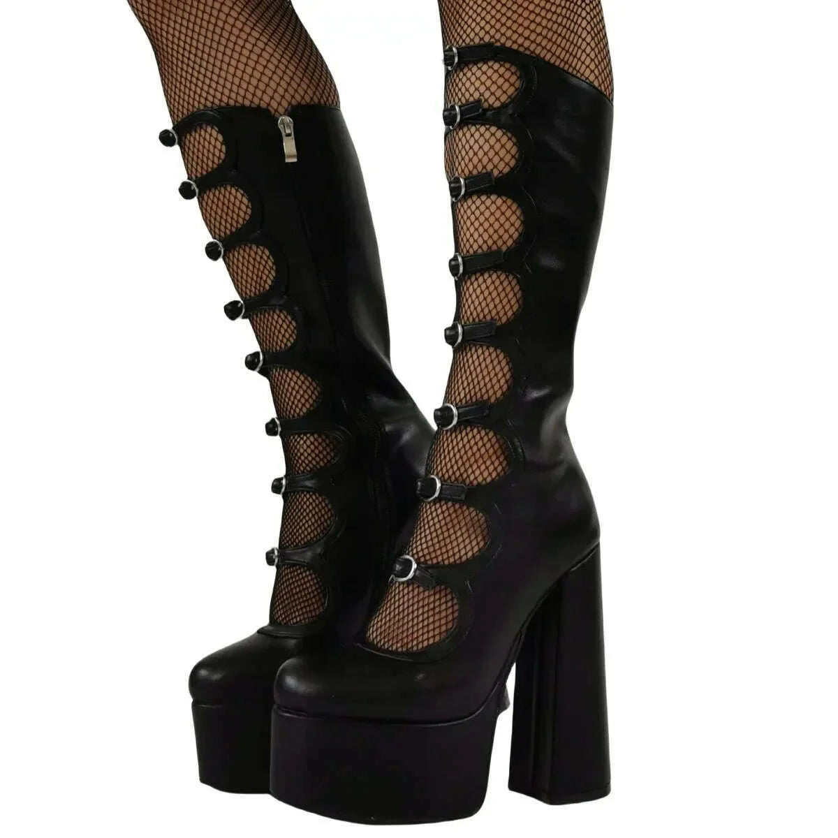 European and American Punk Style Spicy Girl Black Leather Buckle Thick Heel Cool Boots for Women Sexy Hollow Knight Boots