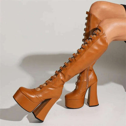 European and American Punk Style Spicy Girl Black Leather Buckle Thick Heel Cool Boots for Women Sexy Hollow Knight Boots