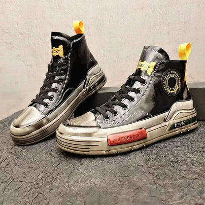 European Cowhide High Top Shoes Trend Korean Thick Sole Men's Shoes Versatile Casual Shoes Autumn and Winter Fashion New Style