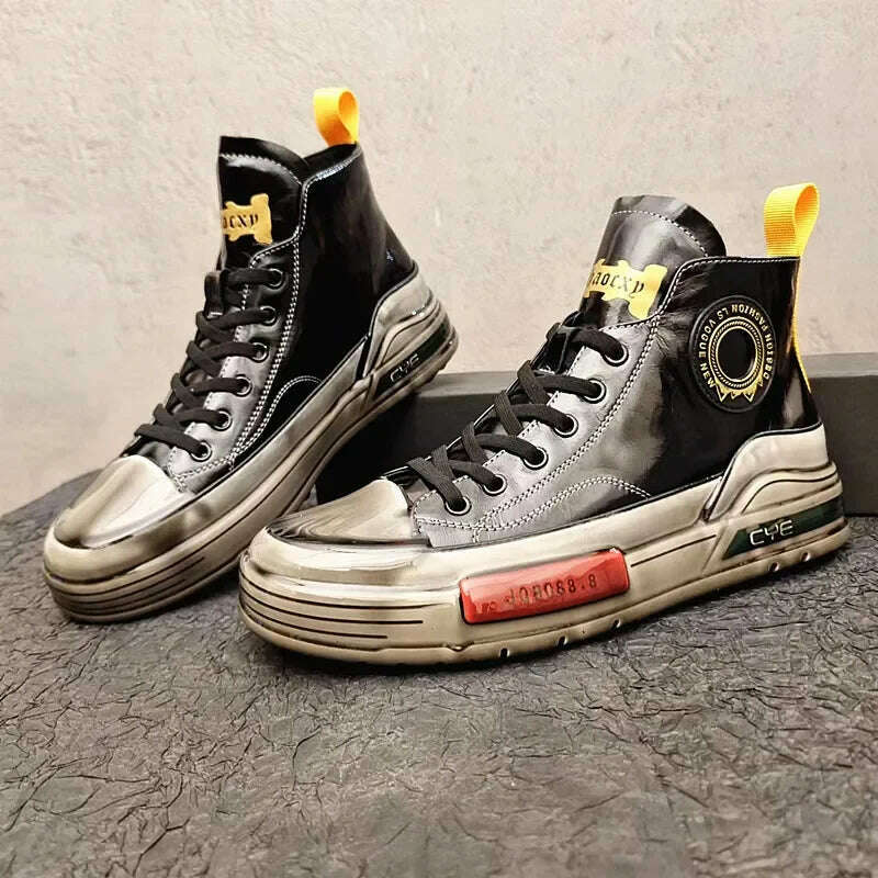 European Cowhide High Top Shoes Trend Korean Thick Sole Men's Shoes Versatile Casual Shoes Autumn and Winter Fashion New Style