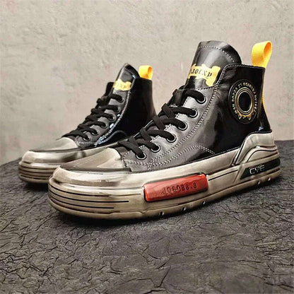 European Cowhide High Top Shoes Trend Korean Thick Sole Men's Shoes Versatile Casual Shoes Autumn and Winter Fashion New Style