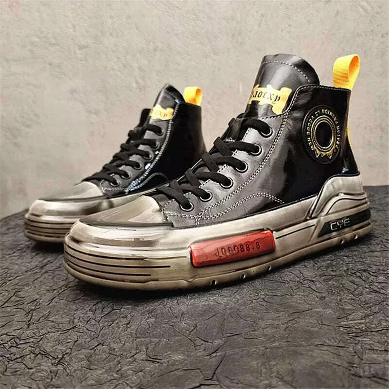 European Cowhide High Top Shoes Trend Korean Thick Sole Men's Shoes Versatile Casual Shoes Autumn and Winter Fashion New Style