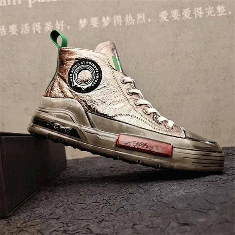 European Cowhide High Top Shoes Trend Korean Thick Sole Men's Shoes Versatile Casual Shoes Autumn and Winter Fashion New Style