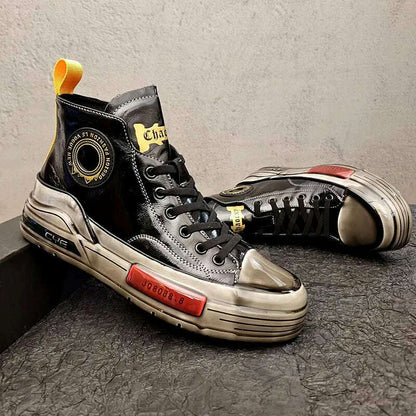 European Cowhide High Top Shoes Trend Korean Thick Sole Men's Shoes Versatile Casual Shoes Autumn and Winter Fashion New Style
