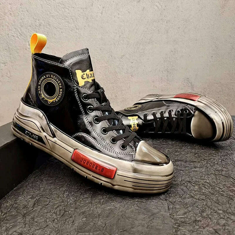 European Cowhide High Top Shoes Trend Korean Thick Sole Men's Shoes Versatile Casual Shoes Autumn and Winter Fashion New Style
