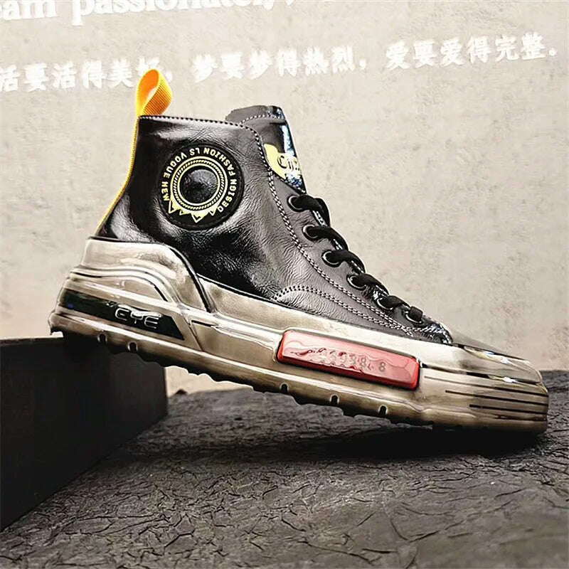 European Cowhide High Top Shoes Trend Korean Thick Sole Men's Shoes Versatile Casual Shoes Autumn and Winter Fashion New Style