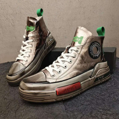 European Cowhide High Top Shoes Trend Korean Thick Sole Men's Shoes Versatile Casual Shoes Autumn and Winter Fashion New Style