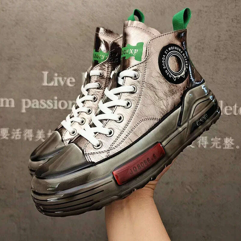 European Cowhide High Top Shoes Trend Korean Thick Sole Men's Shoes Versatile Casual Shoes Autumn and Winter Fashion New Style