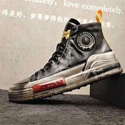 European Cowhide High Top Shoes Trend Korean Thick Sole Men's Shoes Versatile Casual Shoes Autumn and Winter Fashion New Style
