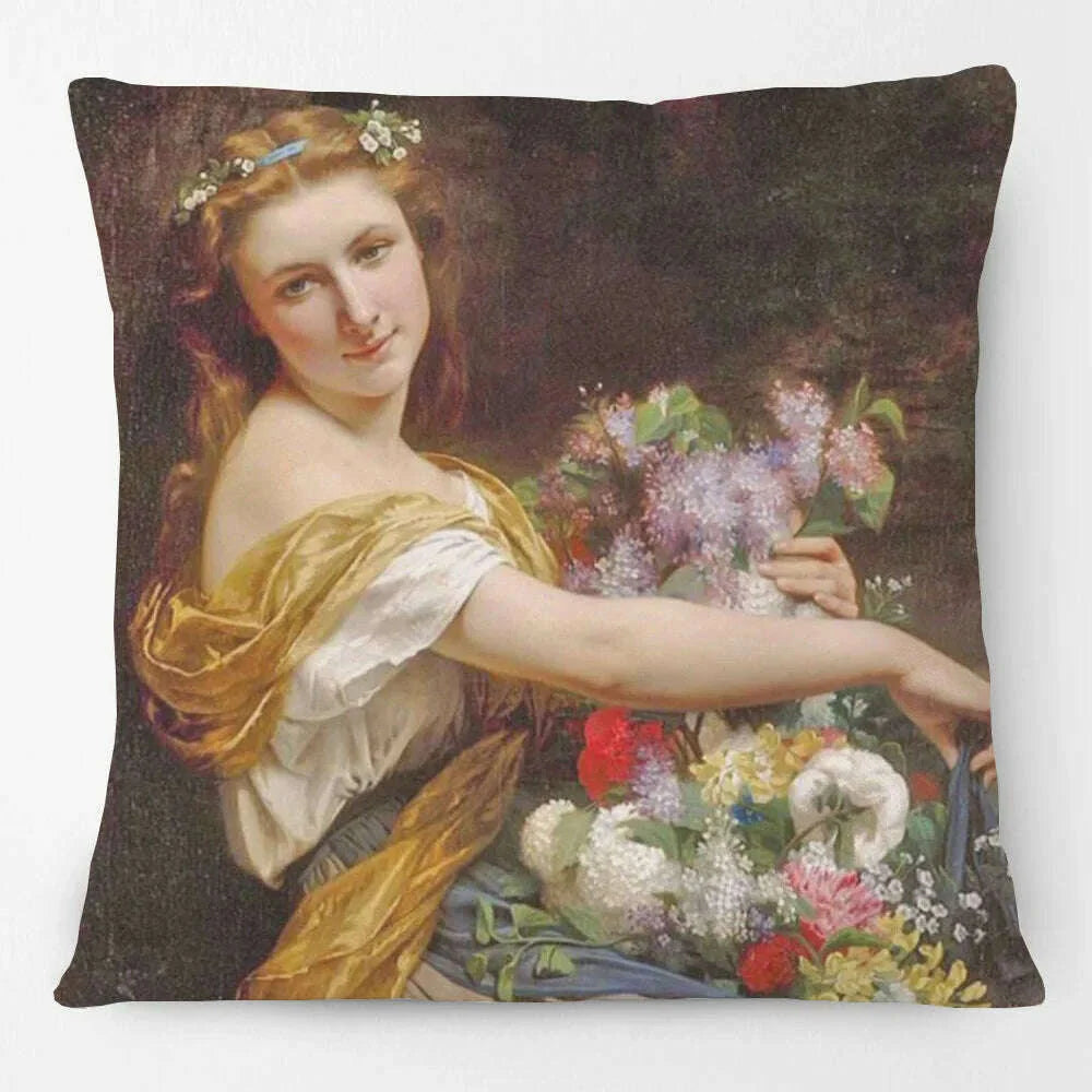 European Retro Vintage Oil Paintings Cushion Cover Beautiful Woman Lady Girls Print Decorative Pillow Case