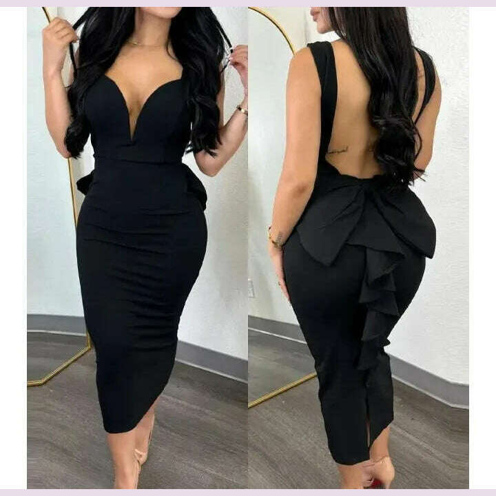 Evening Dresses for Women 2024 Sexy Woman Clothing Backless Deep V Bow Elastic Split Fashion Elegant Hip Wrap Midi Bodycon Dress