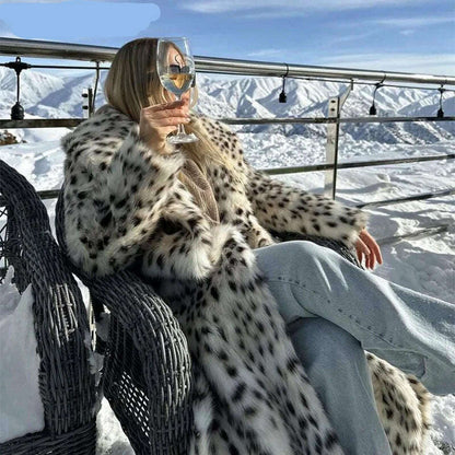 Exclusive Winter 2023 Long Belted Leopard Faux Fox Fur Coat Women Overcoats Ladies Stylish Street Fashion Fluffy Fox Fur Jacket